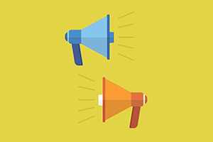 Illustration of a blue megaphone and an orange megaphone facing opposite directions