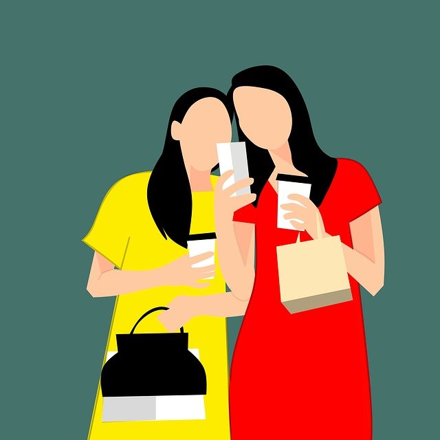illustration of two women looking at a phone and holding coffees