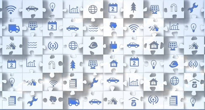 puzzle with different icons (car, calendar, house, construction hat, tree, truck, graph, globe, wifi, lightbulb, etc.)