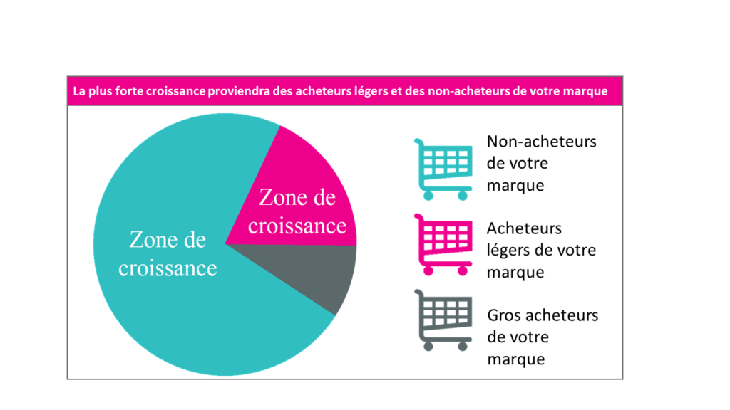 La plus forte croissance proviendra des acheteurs légers et des non-acheteurs de votre marque. En effet, environ 70 % de votre croissance sera attribuable aux non-acheteurs de votre marque, alors qu’environ 20 % et 10 % respectivement seront attribuables aux acheteurs légers et aux gros acheteurs.